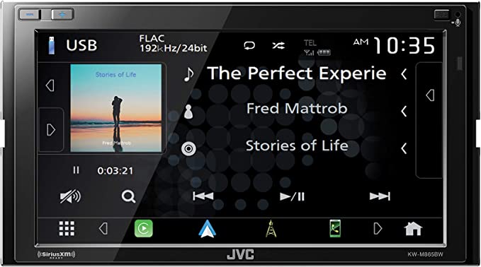 JVC KW-M865BW Built in Wi-Fi for Wireless CarPlay Android Auto, 6.8" LCD Touchscreen Display, AM/FM, Bluetooth, MP3 Player, USB Port, Double DIN, 13-Band EQ, SiriusXM Car Radio