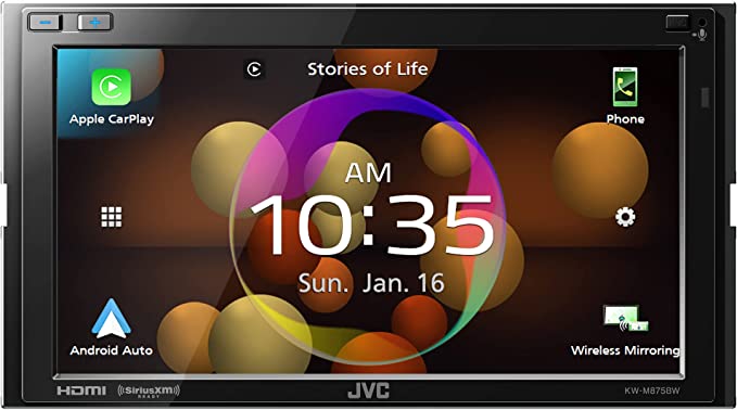 JVC KW-M875BW Built in Wi-Fi for Wireless CarPlay Android Auto, 6.8" LCD Touchscreen Display, AM/FM, Bluetooth, MP3 Player, USB Port, Double DIN, 13-Band EQ, SiriusXM Car Radio