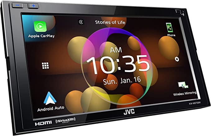 JVC KW-M875BW Built in Wi-Fi for Wireless CarPlay Android Auto, 6.8" LCD Touchscreen Display, AM/FM, Bluetooth, MP3 Player, USB Port, Double DIN, 13-Band EQ, SiriusXM Car Radio