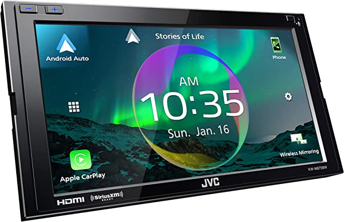 JVC KW-M875BW Built in Wi-Fi for Wireless CarPlay Android Auto, 6.8" LCD Touchscreen Display, AM/FM, Bluetooth, MP3 Player, USB Port, Double DIN, 13-Band EQ, SiriusXM Car Radio