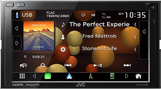 JVC KW-M875BW Built in Wi-Fi for Wireless CarPlay Android Auto, 6.8" LCD Touchscreen Display, AM/FM, Bluetooth, MP3 Player, USB Port, Double DIN, 13-Band EQ, SiriusXM Car Radio