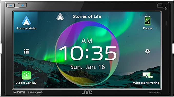 JVC KW-M875BW Built in Wi-Fi for Wireless CarPlay Android Auto, 6.8" LCD Touchscreen Display, AM/FM, Bluetooth, MP3 Player, USB Port, Double DIN, 13-Band EQ, SiriusXM Car Radio